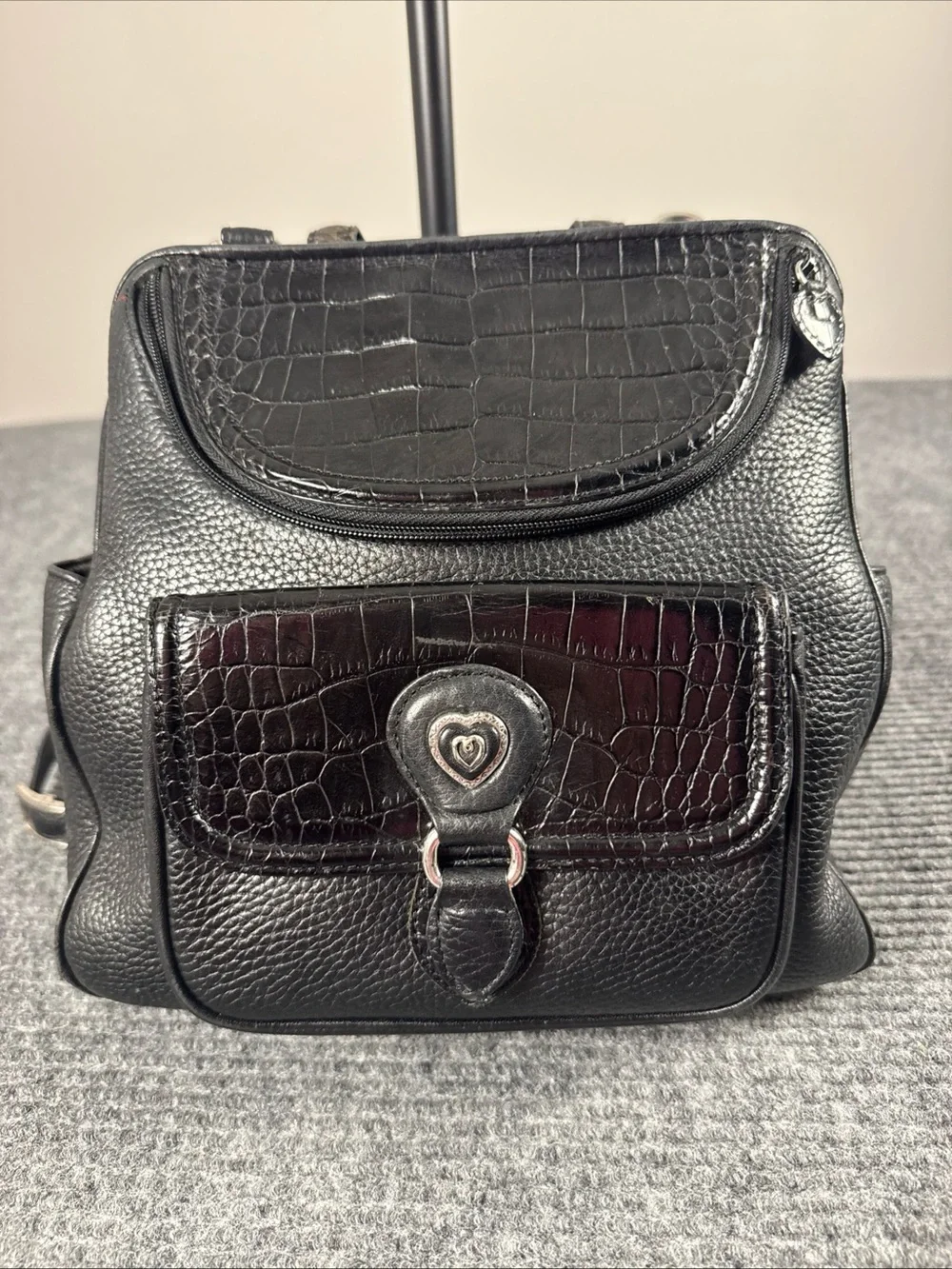 Brighton Donatella Backpack Purse Wallet Black Pebbled Leather Croc Embossed
